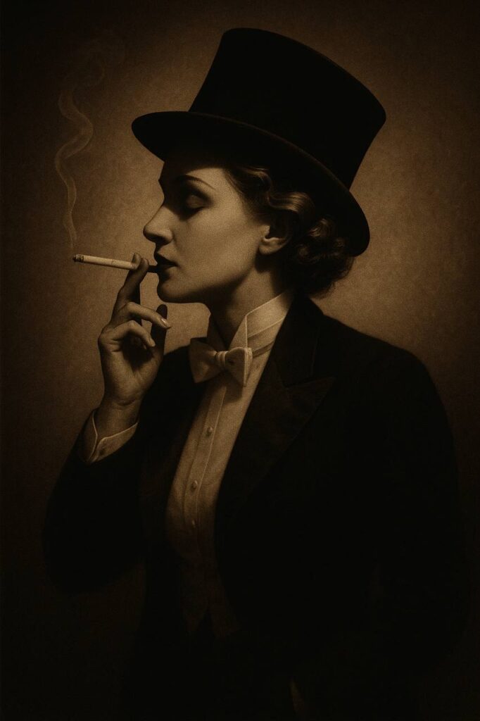 Porträt von Marlene Dietrich im Vintage-Stil, mit Zylinder und Zigarette, Symbol des dramatischen Persönlichkeitsstils