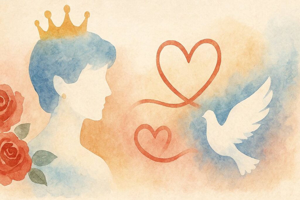 Wasserfarb-Illustration einer Prinzessin mit Krone, Herzen und Taube – Symbol für den emotional-intensiven Persönlichkeitsstil aus dem Buch „Ihr Persönlichkeitsportrait“